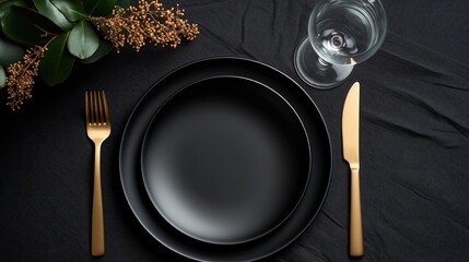 images of a meticulously arranged table, showcasing black dinnerware, linen napkins, and a black stone table from a top-down perspective. Perfect for upscale dining promotions