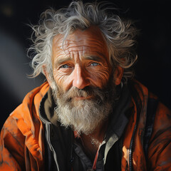 Portrait of homeless old man in orange jacket sitting on the dirty street in sunny day in a pile of garbage, problem of lack of food and water  - obrazy, fototapety, plakaty