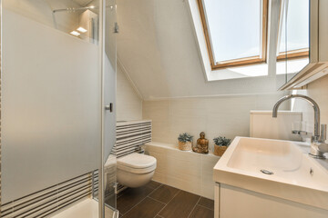 a bathroom with a skylight over the sink and toilet in front of the bathtub is on the wall