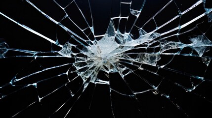 shattered glass and isolated cracks on a sleek black background, showcasing the dramatic beauty of destruction and fragility