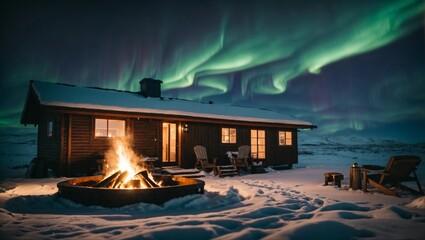 A snowy scene of the Northern Lights in Iceland, with a cozy cabin and a fire pit in the foreground