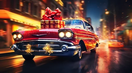 Poster Christmas card. Retro car with a fir tree and gifts. © alexkich