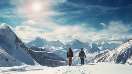 Mountaineer backcountry ski walking - obrazy, fototapety, plakaty