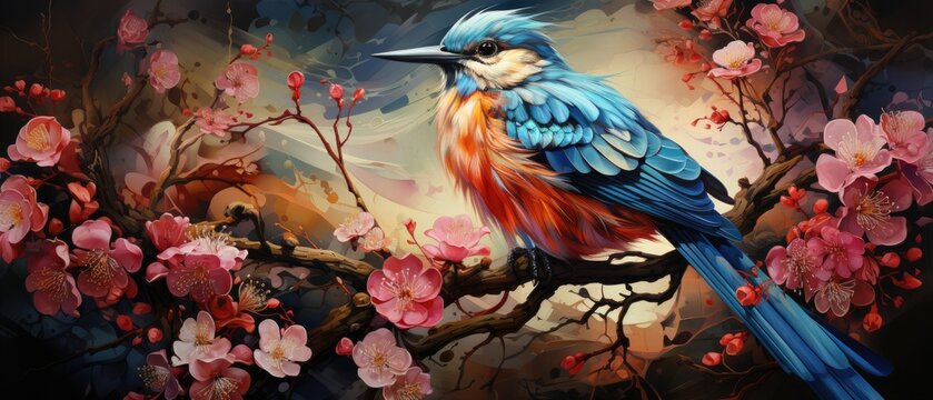 In this vintage artwork, a brightly colored bird perches among a garden of flowers, roses, branches, and butterflies, exuding an aura of enduring charm.