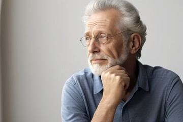 Concerned thoughtful older retired man looking away, leaning chin on hands, thinking over healthcare problems, retirement, suffering from mental disease, memory loss. Face portrait, side view - obrazy, fototapety, plakaty