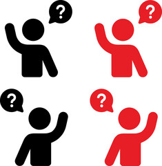 Icon set of person asking question, raising hand, need help, support. Thin line icons, flat vector illustrations. Isolated on white, transparent background - obrazy, fototapety, plakaty