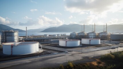 Obraz premium Enhance your energy and industrial content with captivating visuals of the oil storage facility, showcasing the city's role in the energy sector. Perfect for urban industrial presentations