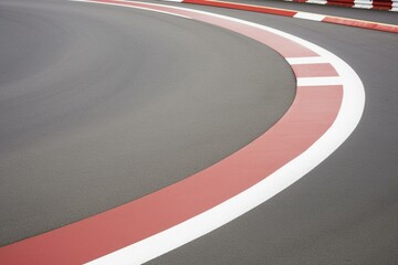A red and white kerb on a motor racing circuit with a bend, grid signs, and wheel arches. Generative AI