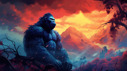 Gorilla in front of beautiful stormy sky as wallpaper background illustration