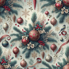  a wallpaper pattern featuring festive elements like pine branches, ruby red ornaments, delicate snowflakes