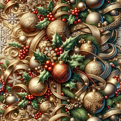wallpaper pattern showcasing festive symbols like holly leaves, ornate baubles, glistening