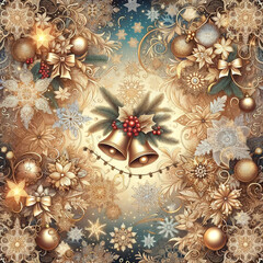 a wallpaper pattern interweaving motifs of golden bells, delicate lace snowflakes, twinkling fairy