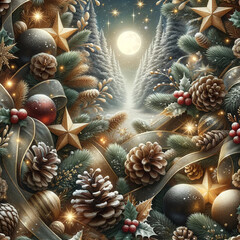 wallpaper pattern highlighting Christmas elements like pinecones dusted with snow