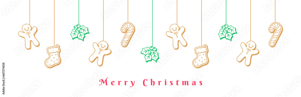 Wall mural Merry Christmas Border Banner, Hanging Gingerbread Cookies and Mistletoe Garland Outline Doodle. Winter Holiday Season Header. Festive Web Banner Template. Vector illustration.