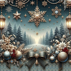 a wallpaper design emphasizing motifs like starlit snowflakes, velvet bows, ornate lanterns