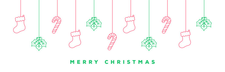 Merry Christmas Border Banner Line Art Doodle, Hanging Stocking, Mistletoe and Candy Cane Garland. Winter Holiday Season Header. Web Banner Template. Vector illustration.