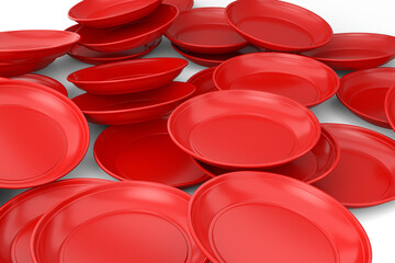 Heap of disposable utensils like plate on white background.