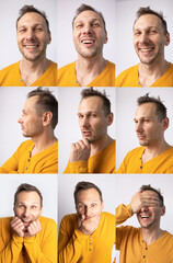 Real emotions. Collage of handsome young man expressing different emotions while standing against white background.