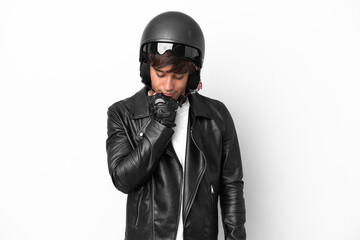 Young man with a motorcycle helmet isolated on white background having doubts