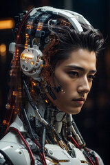 Young man detailed cyborg with mechanisms and wires in head against digital technological background