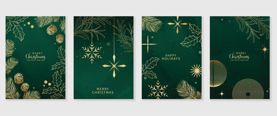 Luxury christmas invitation card art deco design vector. Snowflakes, pine cone, pine leaves, holly line art on green background. Design illustration for cover, greeting card, print, poster, wallpaper.