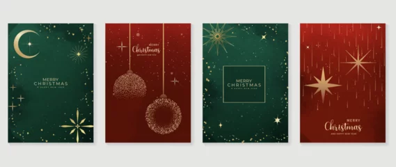 Fototapeten Luxury christmas invitation card art deco design vector. Christmas ball, snowflakes, moon line art on green and red background. Design illustration for cover, greeting card, print, poster, wallpaper. © TWINS DESIGN STUDIO