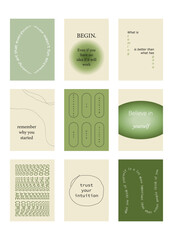 Set of positive social media quotes, motivation posters on trendy abstract background in neutral colors.