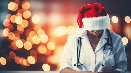 Young doctors in santa claus hats - obrazy, fototapety, plakaty