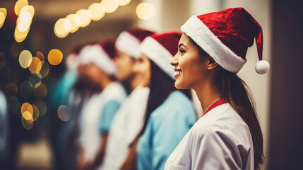 Naklejka premium Young doctors in santa claus hats