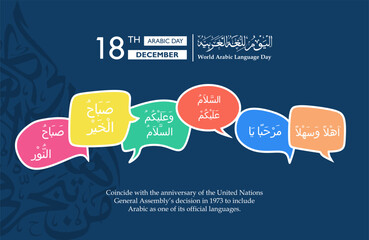 International Arabic Language day. 18th of December, Arabic Global Language day. islamic typography greetings. Arabic text translated: "International day of Arabic Language"