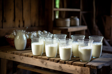 Fresh milk bottles on a dairy farm