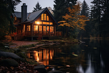 Cozy cabin in the woods on a moody autumn day