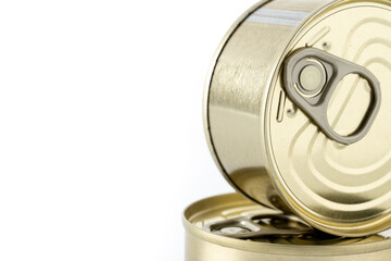 Various canned food in metal cans isolated on white background. Copy space