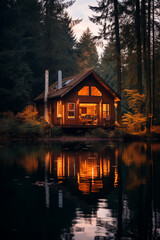 Fototapeta premium Cozy cabin in the woods at a lake on a moody autumn day