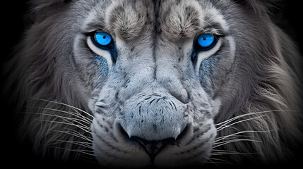 Close up of lion with blue eyes, black and white image - obrazy, fototapety, plakaty