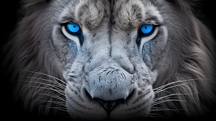 Zelfklevend Fotobehang Close up of lion with blue eyes, black and white image © Trendy Graphics