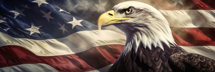 Iconic American Bald Eagle with Flag background. Banner