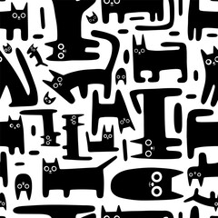 Seamless pattern with cute funny cats, black kitten on white background, cartoon style. Trendy modern vector illustration, hand drawn, flat design