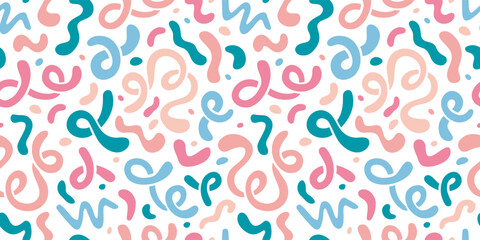 Seamless pattern with abstract pastel squiggles, fluid shapes, curls, cartoon style. Wavy lines, organic forms on white background. Trendy modern vector illustration, hand drawn, flat design
