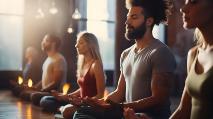 Group of men and women doing meditation yoga breathing exercise - obrazy, fototapety, plakaty