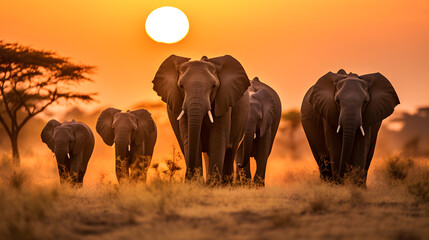 Herd of elephants walking in the jungle on a dry grass field at sunset