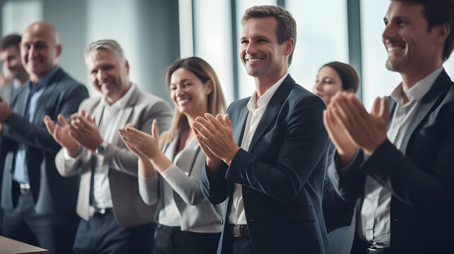 Group of people giving standing ovation in business meeting