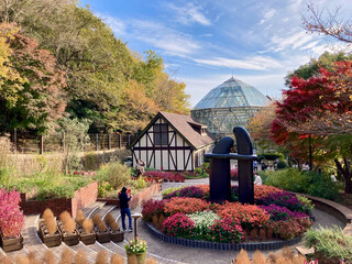 Garden outside the glass dome at kobe nunobiki herb gardens in autumn
