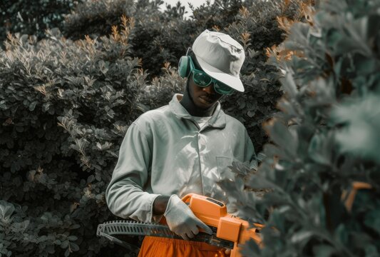 garden worker in uniform cuts bushes