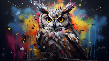 Poster Painted owl with paint splash painting technique on colorful background. © Trendy Graphics