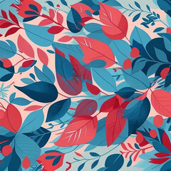 Blue, red, grey and pink watercolor flowers with stems and leaves. Watercolor art background.