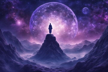 A mysterious woman stands with her back turned on the ground on a planet with a purple surface - obrazy, fototapety, plakaty