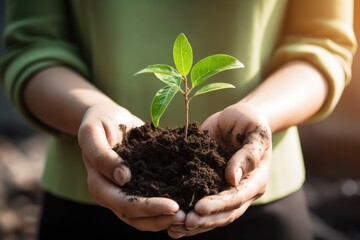 Woman hands holding soil and a tiny plant. ai generative