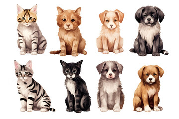  Safari Animal set cats and dogs of different breeds in watercolor style, Isolated on white background