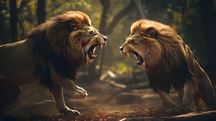 Two lions fight with each other - obrazy, fototapety, plakaty
